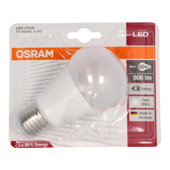Лампочка LED холодный белый OSRAM 4052899149281 (OS-E27-8W-W)