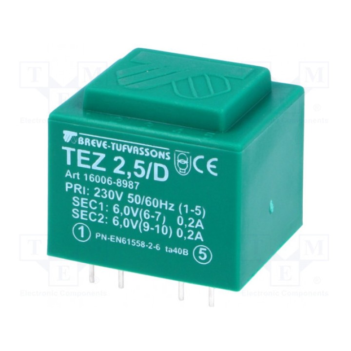 Трансформатор залитый 25ВА 230ВAC BREVE TUFVASSONS TEZ2.5D2306-6V (TEZ2.5-D-6-6V)