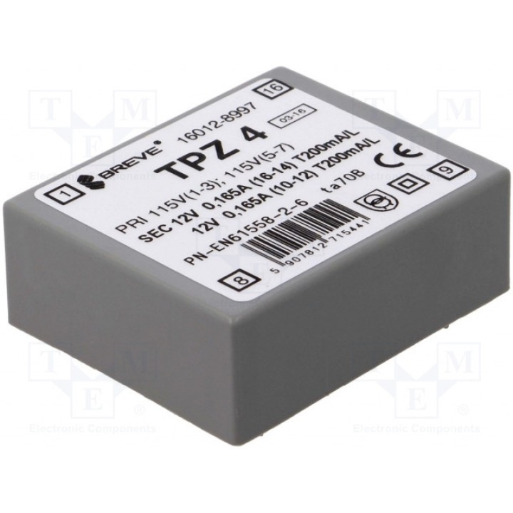 Трансформатор сетевой 4ВА 115ВAC BREVE TUFVASSONS TPZ42*1152*12V (TPZ4-2X12V)