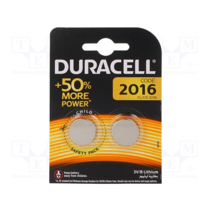 Батарея литиевая DURACELL DR2016 K2 (BAT-CR2016-DR-B2)