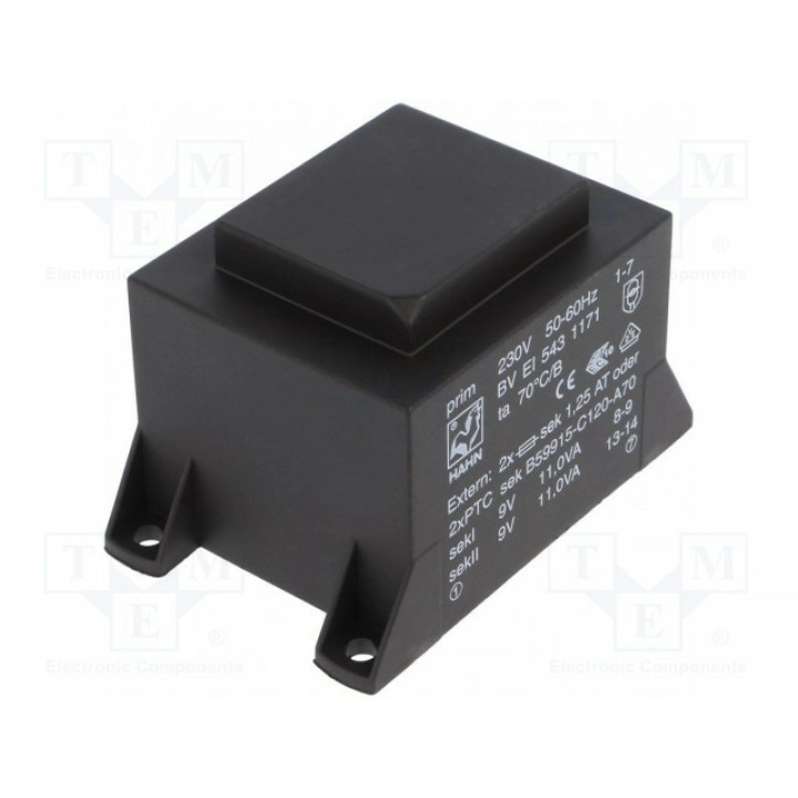 Трансформатор залитый 22ВА 230ВAC 9В HAHN BV EI 543 1171 (BVEI5431171)