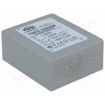 Трансформатор залитый 6ВА 230ВAC 15В 15В INDEL TSPZ6-2X15V