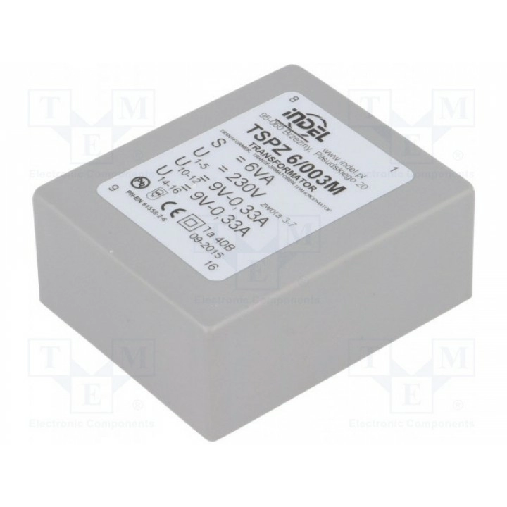 Трансформатор залитый 6ВА 230ВAC 9В 9В INDEL TSPZ6003 (TSPZ6-2X9V)